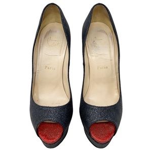 Chrsitian Louboutin Lady Peep 140 Black and Red Glitter Platform Peep Toe Pumps